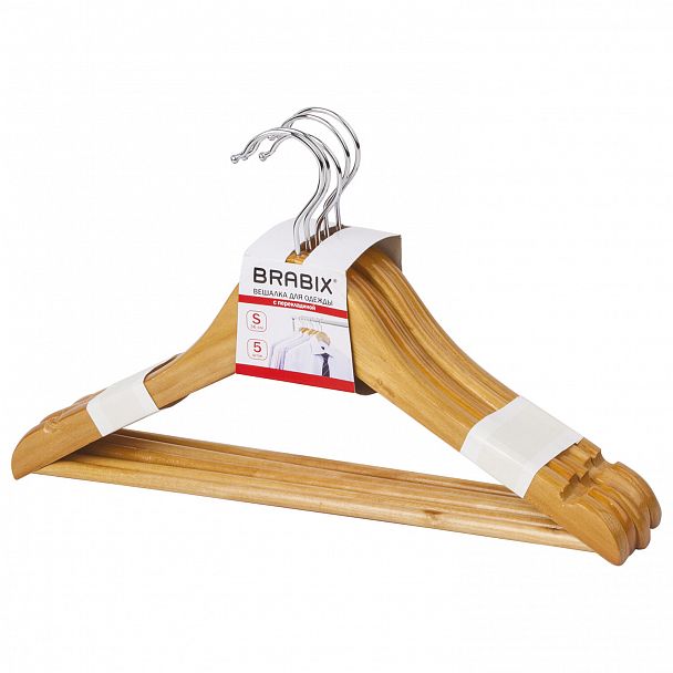 Вешалки-плечики, размер 36-40, МАЛЫЙ РАЗМЕР, КОМПЛЕКТ 5 шт., деревянные, перекладина, цвет сосна, BRABIX "Стандарт", 601160 - Вид 2