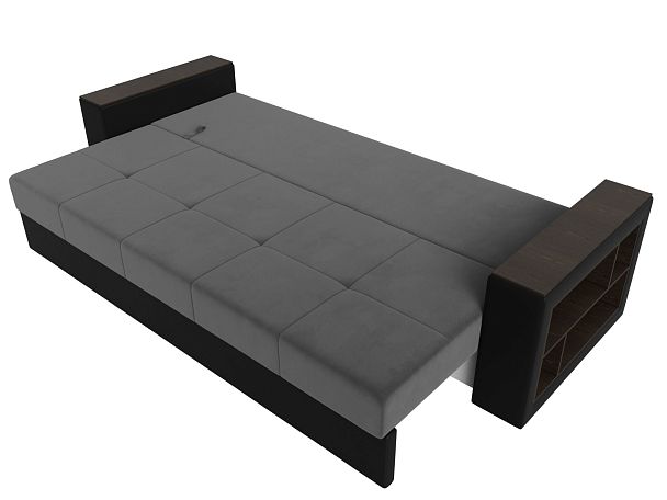 Диван прямой Дубай Лайт полки справа (основа велюр серый, компаньон экокожа черная) - Вид 8
