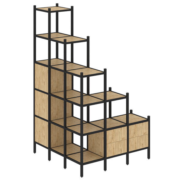 Loft Угловой внешний стеллаж наборный VR.L-59 Тиквуд светлый/Чёрный металл 1278*1278*2280 - Вид 1