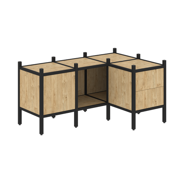 Loft Угловой внутренний стеллаж наборный VR.L-26 Тиквуд светлый/Чёрный металл 1278*862*636 - Вид 1