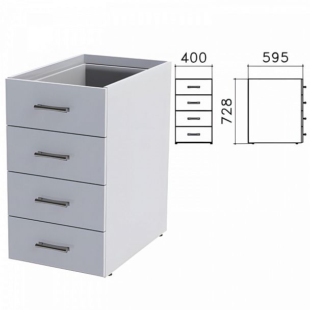 Тумба (каркас БЕЗ КРЫШКИ) приставная "Монолит", 400х595х728 мм, 4 ящика, серая, ТМ06.11 - Вид 1