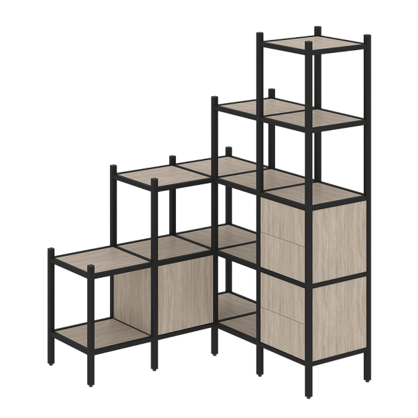 Loft Угловой внутренний стеллаж наборный VR.L-40 Дуб аттик/Чёрный металл 1278*1278*1869 - Вид 1