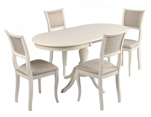 Обеденная группа стол Анфея 110(150)х75х76 Слоновая кость и 4 стула Камир Слоновая кость/Бирюзовый жаккард - Вид 1