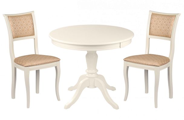Обеденная группа стол Элат D90(130)х90х76 Слоновая кость и 2 стула Камир Слоновая кость/Бежевый жаккард - Вид 1
