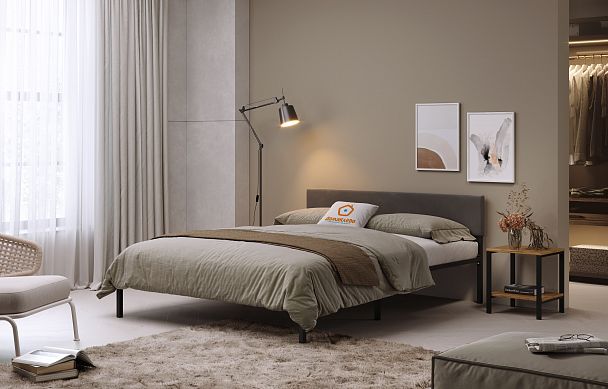 Кровать  металлическая Лофт КОМПАКТ с мягкой спинкой 1600*2000, цвет кровати черный, мягкая спинка темная - Вид 2