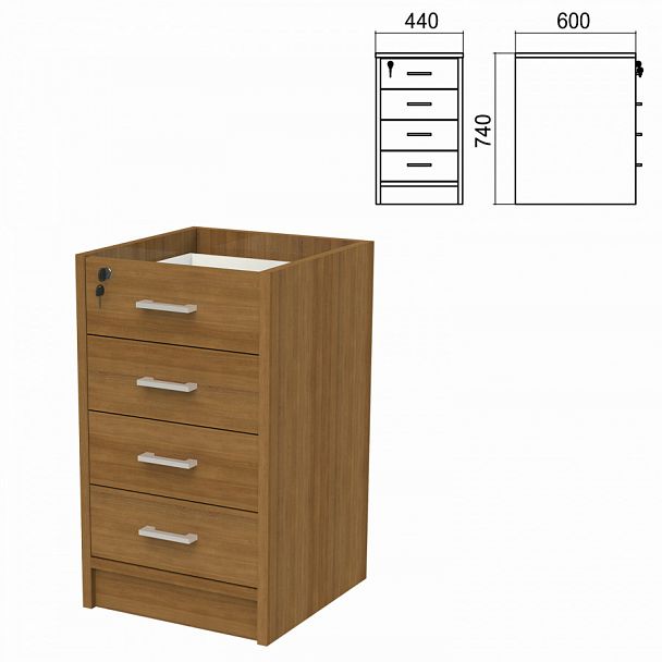 Тумба (каркас БЕЗ КРЫШКИ) приставная "Арго", 440х450х740 мм, 4 ящика, замок, орех - Вид 1
