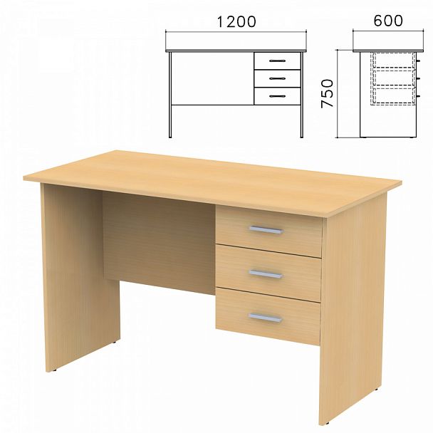 Стол письменный "Канц", 1200х600х750 мм, тумба 3 ящика, цвет бук невский, СК27.10 - Вид 1