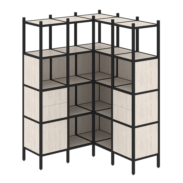 Loft Угловой внутренний стеллаж наборный VR.L-33 Денвер светлый/Чёрный металл 1278*1278*1869 - Вид 1
