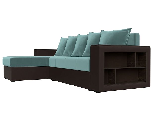 Диван угловой Дубай Лайт угол левый (основа велюр бирюзовый, компаньон экокожа коричневая) - Вид 3