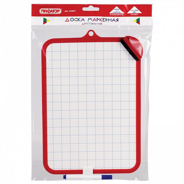 Доска для рисования двусторонняя с маркером и губкой 185х260 мм, клетка, подвес, ПИФАГОР, 236897 - Вид 4