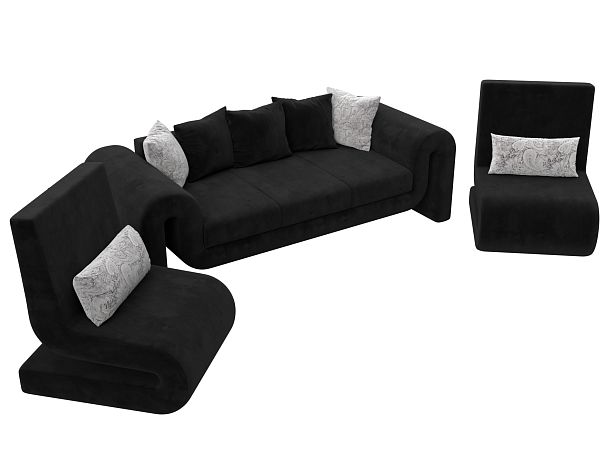 Волна набор 1 - диван, 2 кресла (полностью велюр черный) - Вид 4
