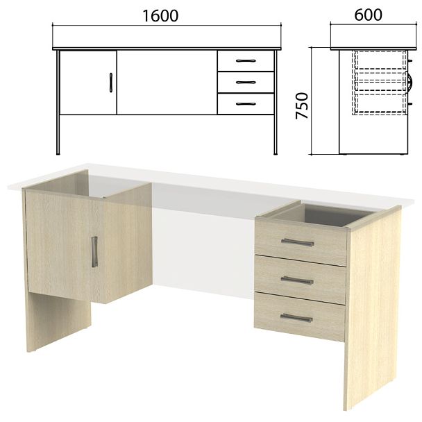 Каркас к столам письменным с 2 тумбами "Канц" (ш1600*г600*в750 мм), дуб молочный, СК29.15.2 - Вид 1