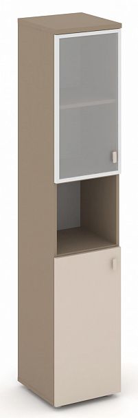 Шкаф высокий узкий (1 низкий фасад ЛДСП + 1 низкий фасад стекло Лакобель IVORY / UMBRA в раме) "ESTETICA" ES.SU-1.4R Капучино - Вид 1