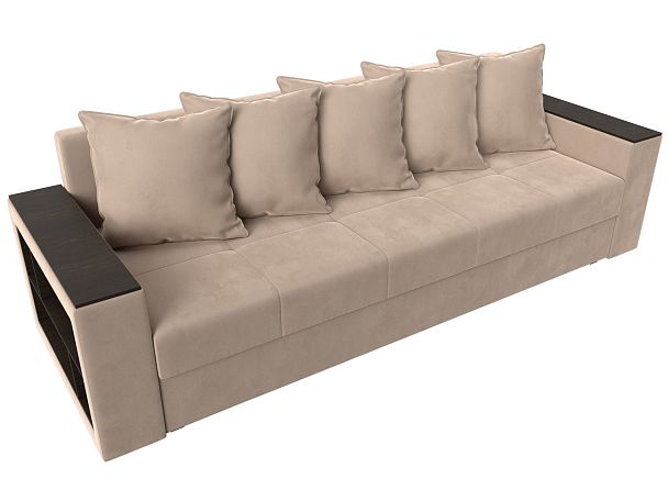 Диван прямой Дубай Лайт полки слева (полностью велюр бежевый) - Вид 5