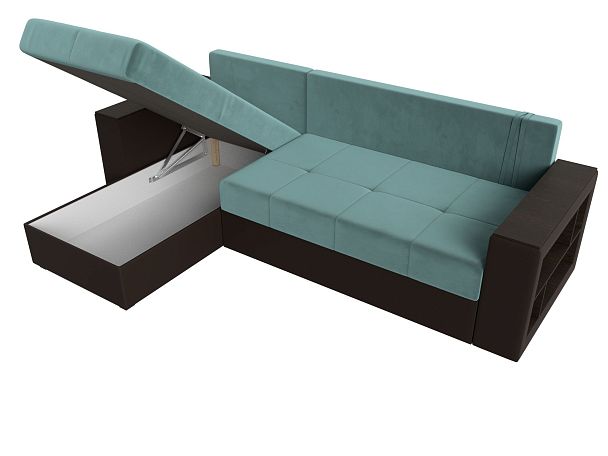 Диван угловой Дубай Лайт угол левый (основа велюр бирюзовый, компаньон экокожа коричневая) - Вид 7