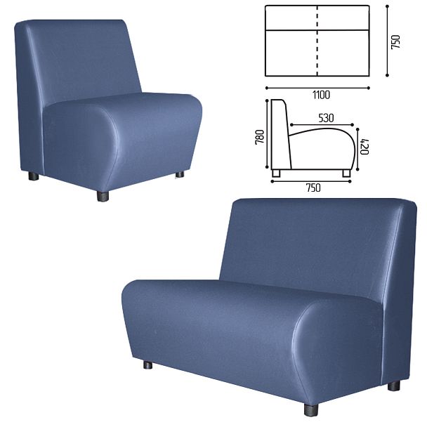 Диван мягкий двухместный "Клауд", V-600, 1100х750х780 мм, без подлокотников, экокожа, голубой - Вид 2