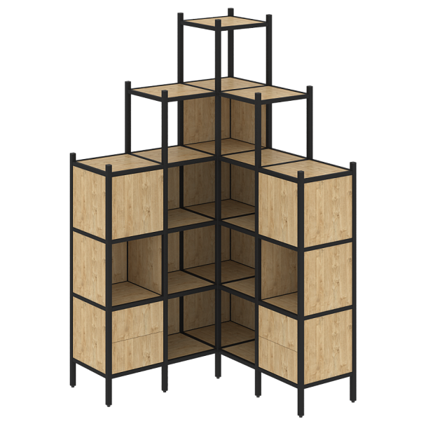 Loft Угловой внутренний стеллаж наборный VR.L-45 Тиквуд светлый/Чёрный металл 1278*1278*2280 - Вид 1
