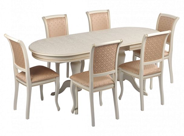Обеденная группа стол Арей 160(210)х90х76 Слоновая кость с золотой патиной и 6 стульев Арктос Слоновая кость с золотой патиной/Бежевый жаккард - Вид 1