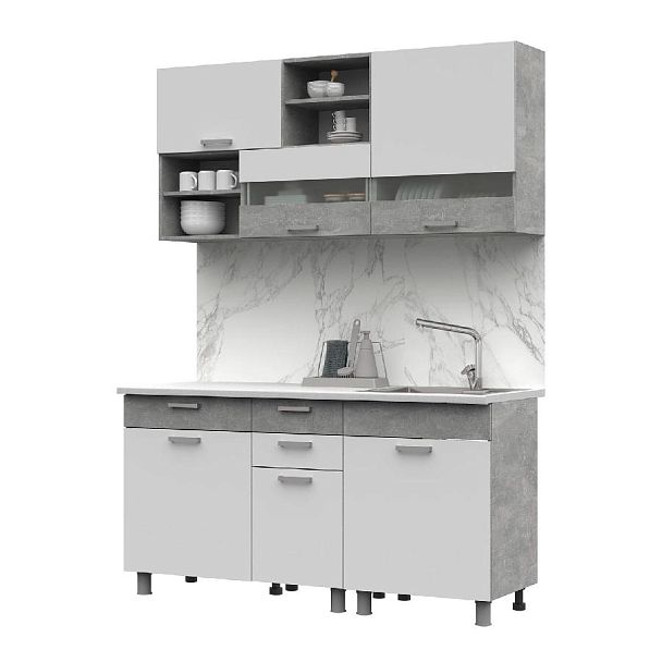 Кухня Денвер 1,6 Фасад БЕЛЫЙ/Корпус АТЕЛЬЕ СВЕТЛОЕ - Вид 1