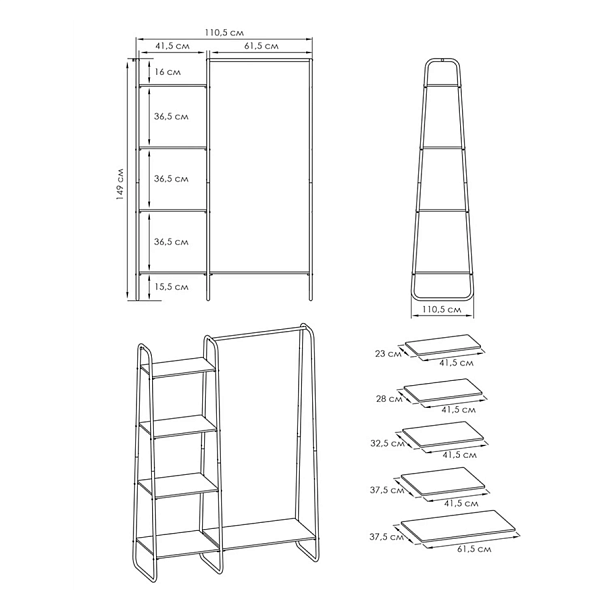 Вешалка-стеллаж "Скандинавия-1", 1470х1100х385 мм, 5 полок, металл/ЛДСП, черная/дуб, ГСС1 Ч - Вид 3