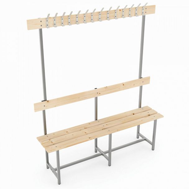 Скамья с вешалкой, спинкой "СВТ 6", 1765х2000х395 мм, 14 крючков, каркас металлический серый, сиденье дерево - Вид 1