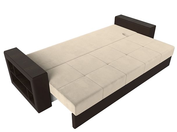 Диван прямой Дубай Лайт полки слева (основа микровельвет бежевый, компаньон экокожа коричневая) - Вид 8