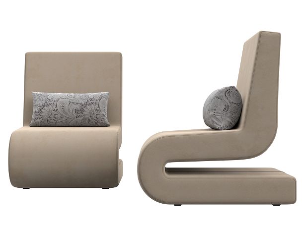 Кресло Волна (полностью велюр бежевый, подушки велюр серый с узором) - Вид 2