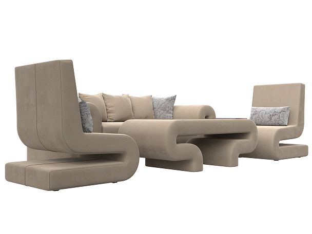 Волна набор 2 - диван, стол, 2 кресла (полностью велюр бежевый) - Вид 3