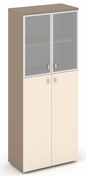 Шкаф высокий широкий (2 средних фасада ЛДСП + 2 низких фасада стекло Лакобель IVORY / UMBRA в раме) "ESTETICA" ES.ST-1.7R Сатин - Вид 1