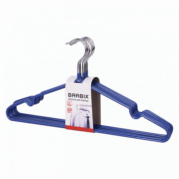 Вешалки-плечики, размер 48-50, КОМПЛЕКТ 10 шт., металл/ПВХ, перекладина, цвет синий, BRABIX "Стандарт", 601166 - Вид 1