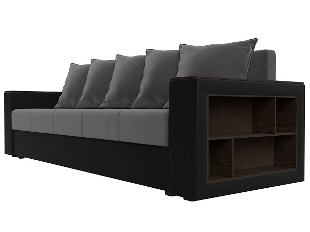 Диван прямой Дубай Лайт полки справа (основа велюр серый, компаньон экокожа черная) - Вид 3