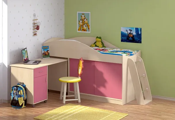 Кровать-чердак "Дюймовочка-3 без лестницы"  дуб/розовый - Вид 1