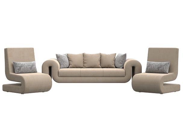 Волна набор 1 - диван, 2 кресла (полностью велюр бежевый) - Вид 2