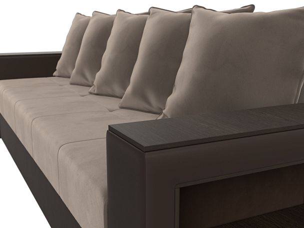 Диван прямой Дубай Лайт полки справа (основа велюр коричневый, компаньон экокожа коричневая) - Вид 4