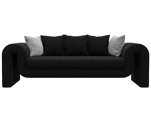 Прямой диван Волна (полностью микровельвет черный, подушки 3 микровельвет черный, 2 велюр серый с узором) - Вид 2