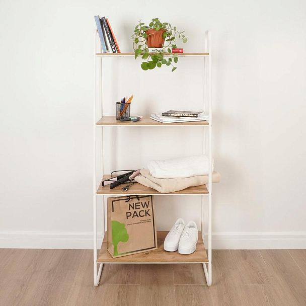 Стеллаж на металлокаркасе "Скандинавия-24", 650х385х1470 мм, 4 полки ЛДСП, белый/дуб, CТCП24 Б - Вид 5