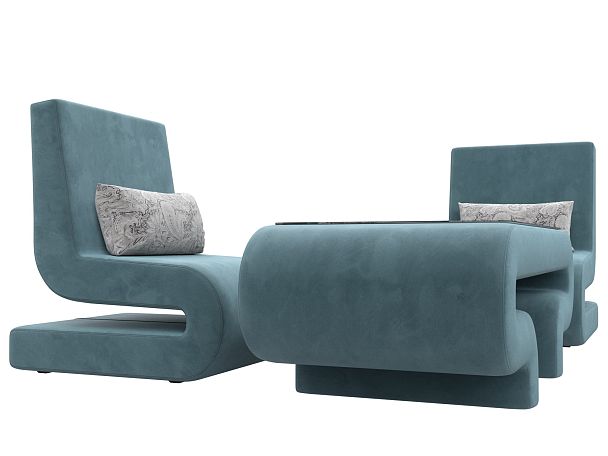 Волна набор 3 - стол, 2 кресла (полностью велюр бирюзовый) - Вид 3