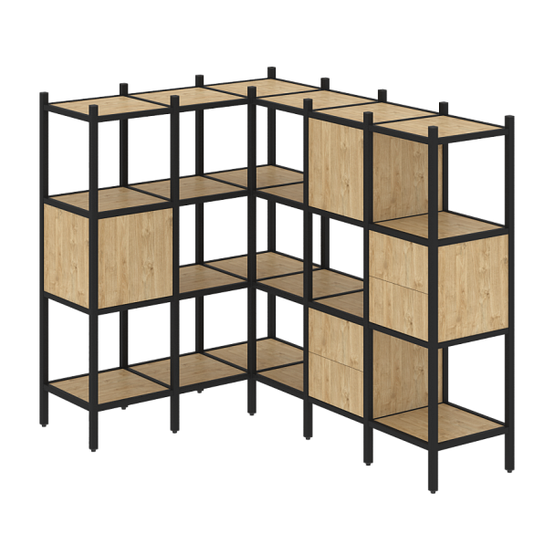 Loft Угловой внутренний стеллаж наборный VR.L-30 Тиквуд светлый/Чёрный металл 1278*1278*1458 - Вид 1