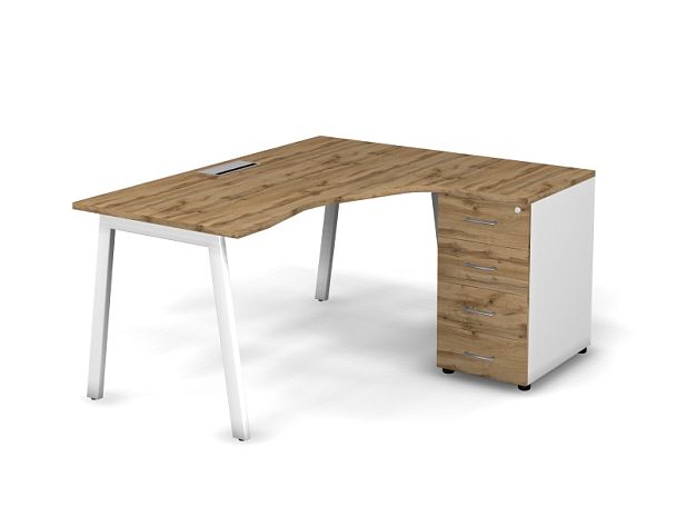 MATRIX 121S153-A Стол эгоном-й с тумбой R, пров-ик Merida (А-опоры) 1580х1380х775 Дуб Крафт/Белый - Вид 1