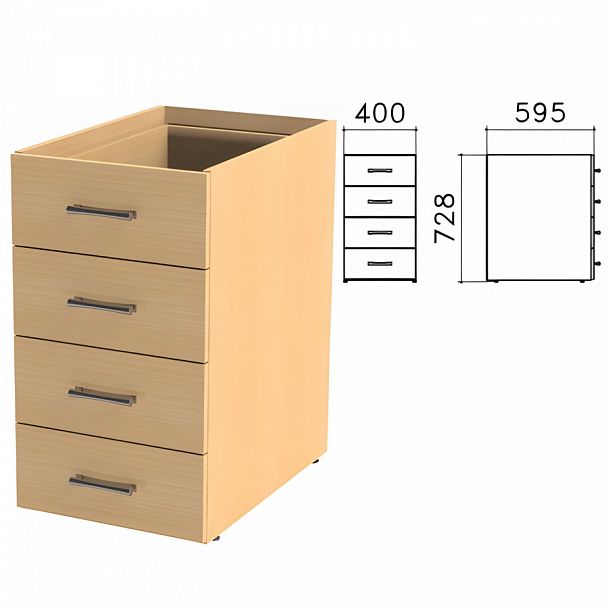Тумба (каркас БЕЗ КРЫШКИ) приставная "Монолит", 400х595х728 мм, 4 ящика, бук бавария, ТМ06.1 - Вид 1