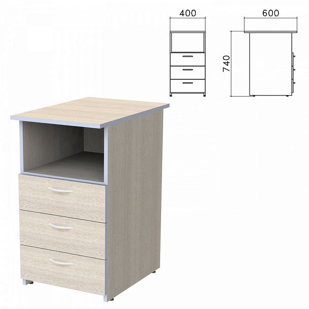 Тумба приставная "Бюджет", 400х600х740 мм, 3 ящика, полка, дуб шамони светлый, 402657-430 - Вид 1