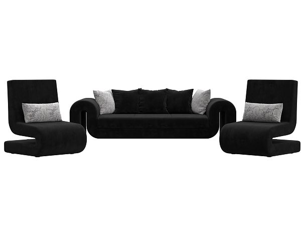 Волна набор 1 - диван, 2 кресла (полностью велюр черный) - Вид 2