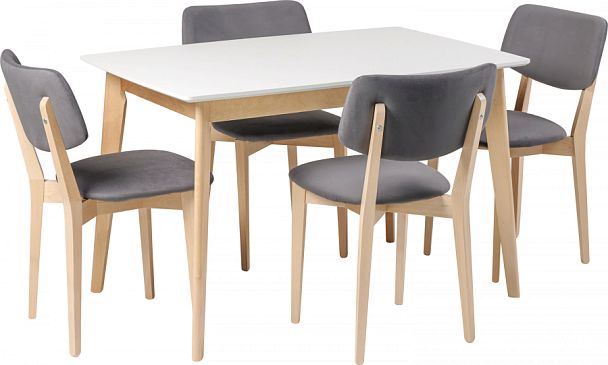 Обеденная группа стол раздвижной Норден 120 Белый/Натуральный и 4 стула Мэти Натуральный/Серый велюр - Вид 1