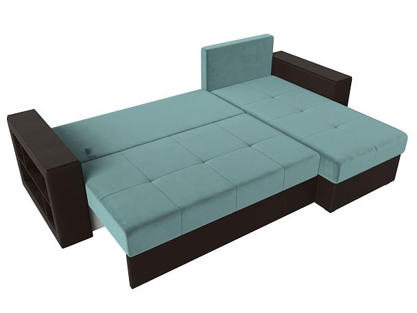 Диван угловой Дубай Лайт угол правый (основа велюр бирюзовый, компаньон экокожа коричневая) - Вид 9