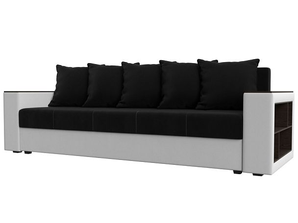 Диван прямой Дубай Лайт полки справа (основа микровельвет черный, компаньон экокожа белая) - Вид 1