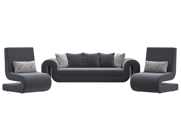 Волна набор 1 - диван, 2 кресла (полностью велюр серый) - Вид 2