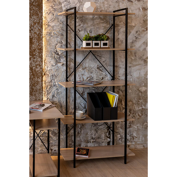 Стеллаж BRABIX "SMART SH-004", 790х360х1950 мм, ЛОФТ, 5 полок, металл/ЛДСП ясень шимо светлый, каркас черный, 641943 - Вид 6