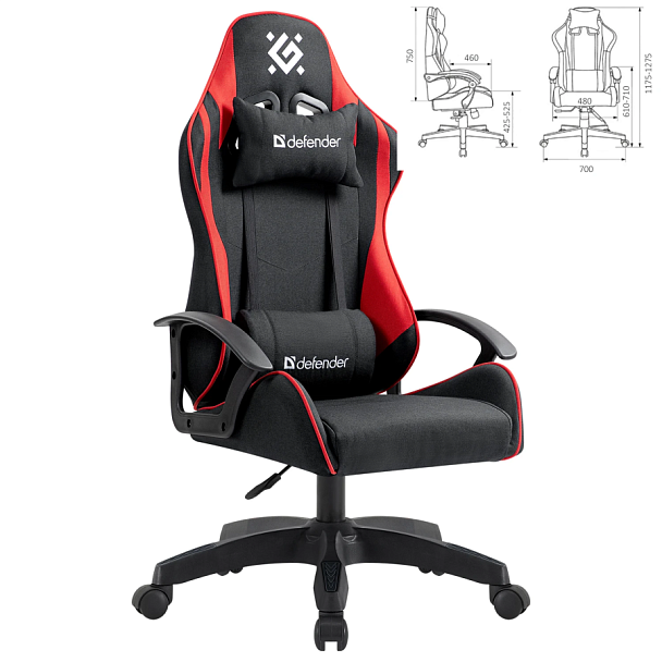 Кресло компьютерное DEFENDER "Kraken", 2 подушки, ткань, черное/красное, 64677 - Вид 3
