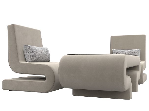 Волна набор 3 - стол, 2 кресла (полностью микровельвет бежевый) - Вид 3