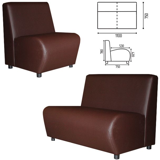 Диван мягкий двухместный "Клауд", "V-600", 1100х750х780 мм, без подлокотников, экокожа, коричневый - Вид 1